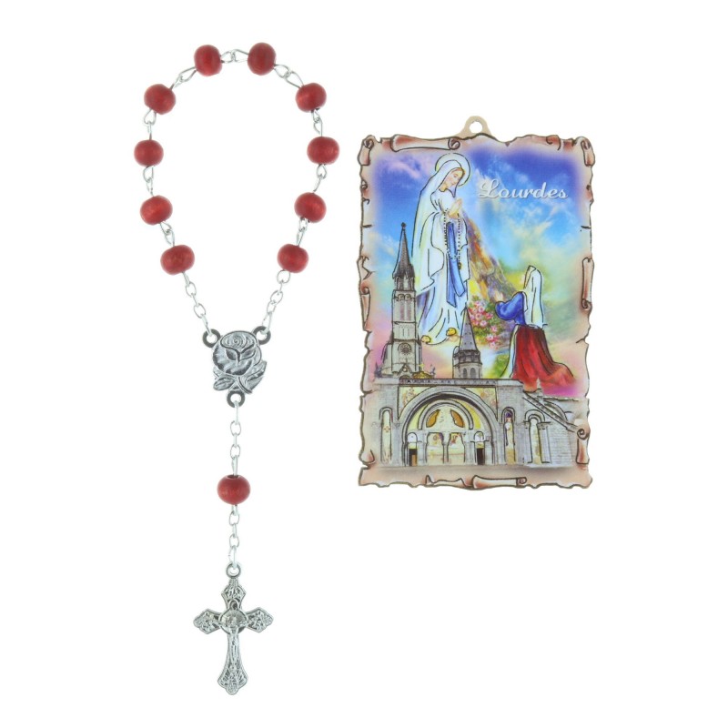 Lourdes Apparition parchment-shaped golden religious wood frame 5 x 7.5 cm and rose-scented rosary