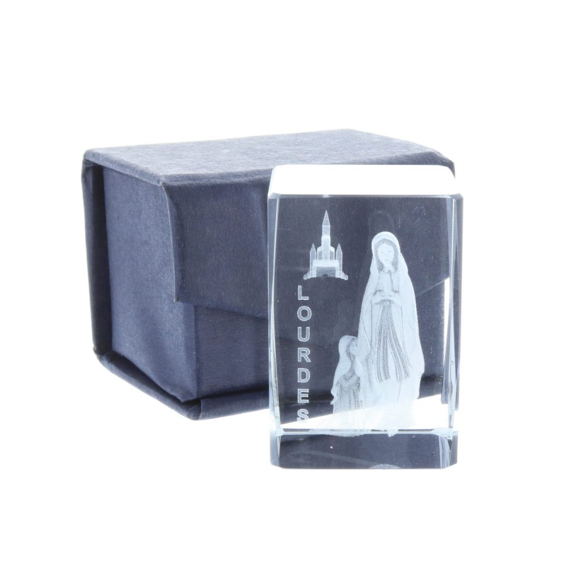 Cubo di vetro inciso laser 3D Apparizione e Basilica di Lourdes 4,5 cm
