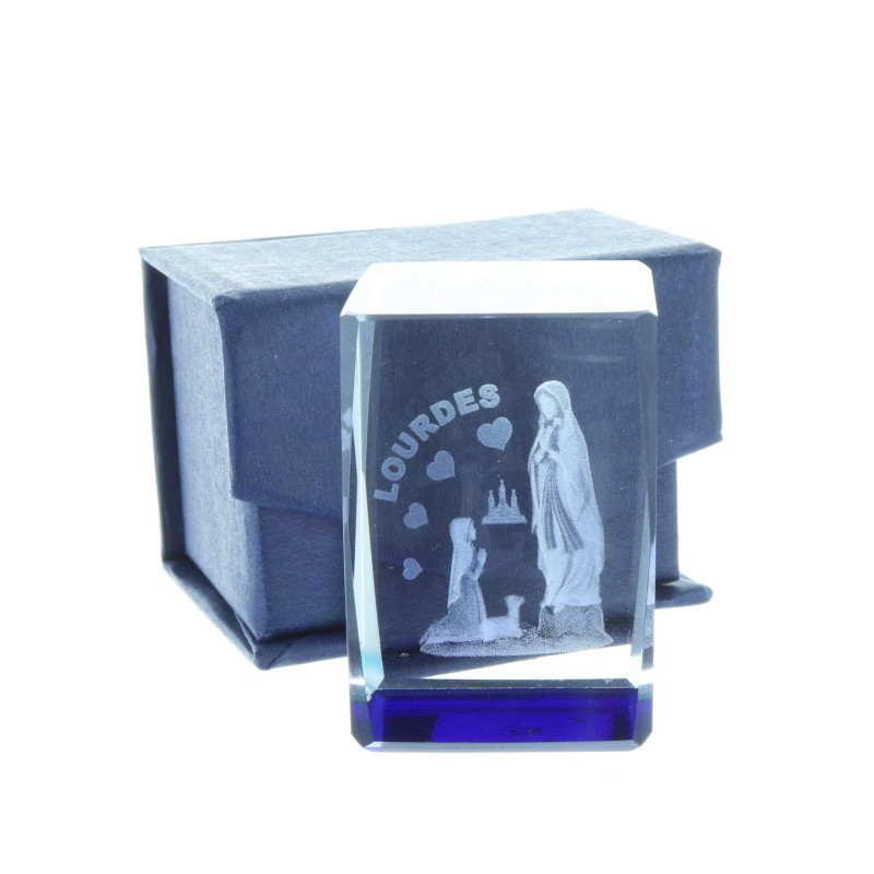3D laser etched glass blue reflections, Lourdes Apparition and hearts 4.5 cm