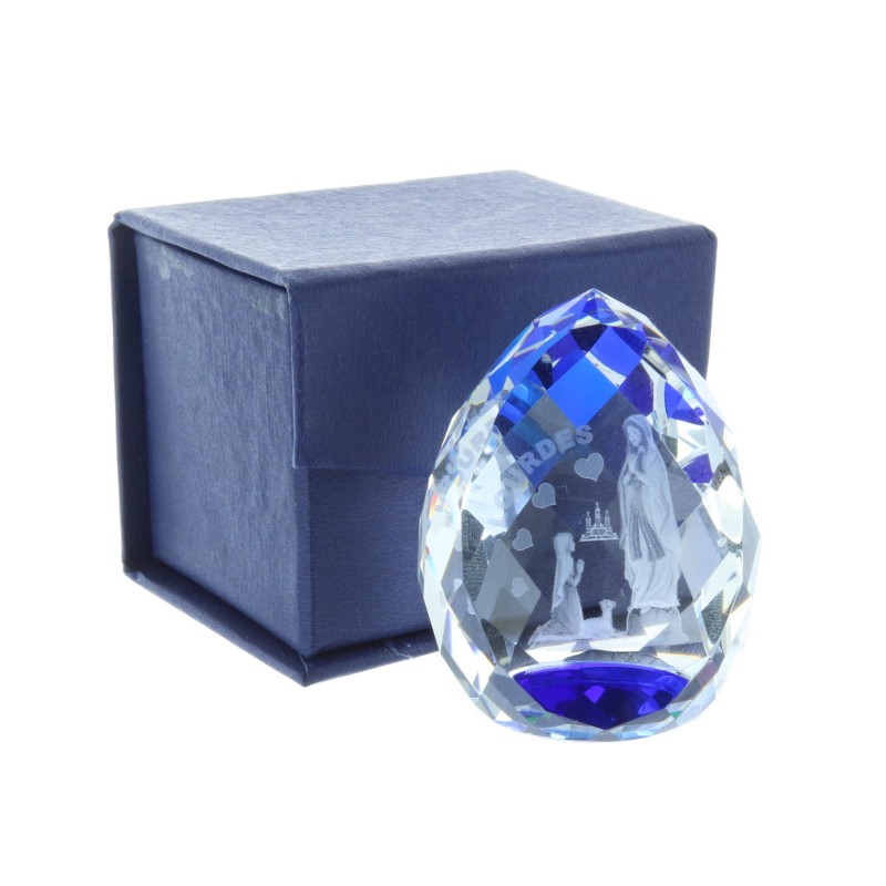Cubo di vetro inciso laser 3D riflessi azzurri e Apparizione di Lourdes 5 cm