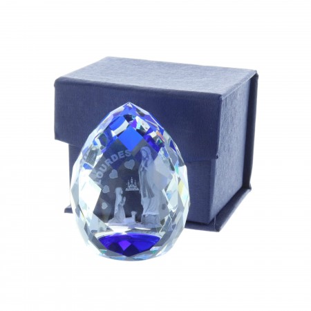 Cubo di vetro inciso laser 3D riflessi azzurri e Apparizione di Lourdes 5 cm