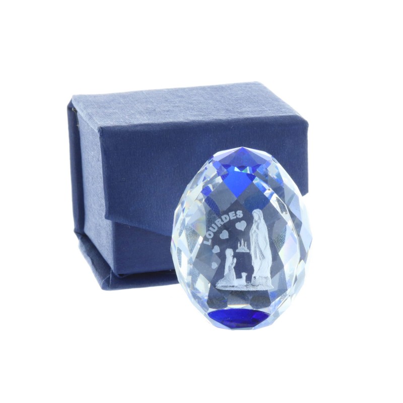 Cubo di vetro inciso laser 3D riflessi azzurri e Apparizione di Lourdes 4 cm