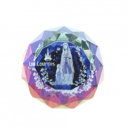 Cubo di vetro inciso laser 3D riflessi colorati e Apparizione di Lourdes 2,5 cm