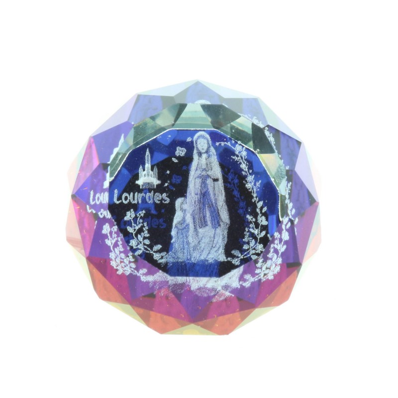 Cubo di vetro inciso laser 3D riflessi colorati e Apparizione di Lourdes 2,5 cm