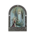 Chevalet religieux argenté Apparition de Lourdes colorée et dorée 4,5 x 7 cm