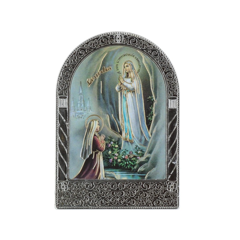 Cadre religieux argenté Apparition de Lourdes colorée et dorée 4,5 x 7 cm