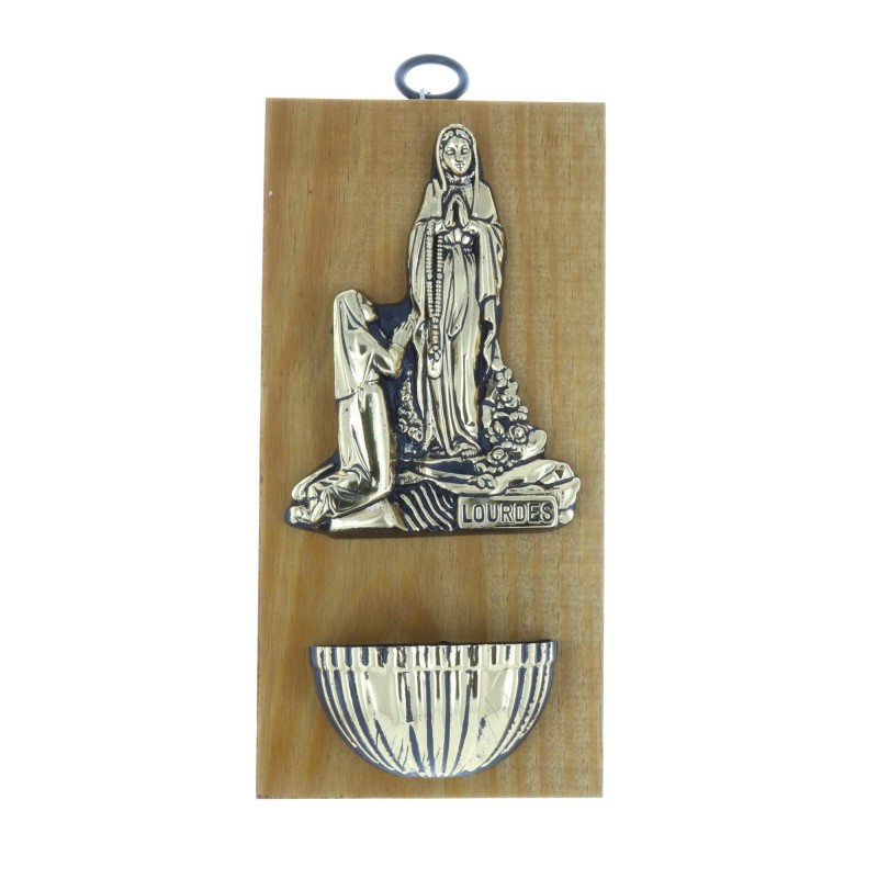 Wood holy water font golden Lourdes Apparition 10 x 20 cm