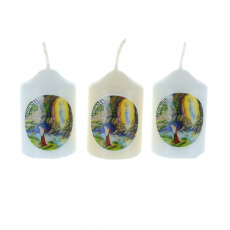 Lot de 3 bougies religieuses cylindriques Apparition de Lourdes 6 cm