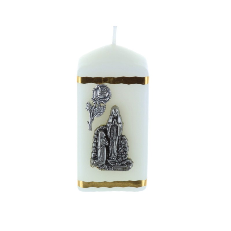 Lourdes Apparition silvery square religious candle 6 cm