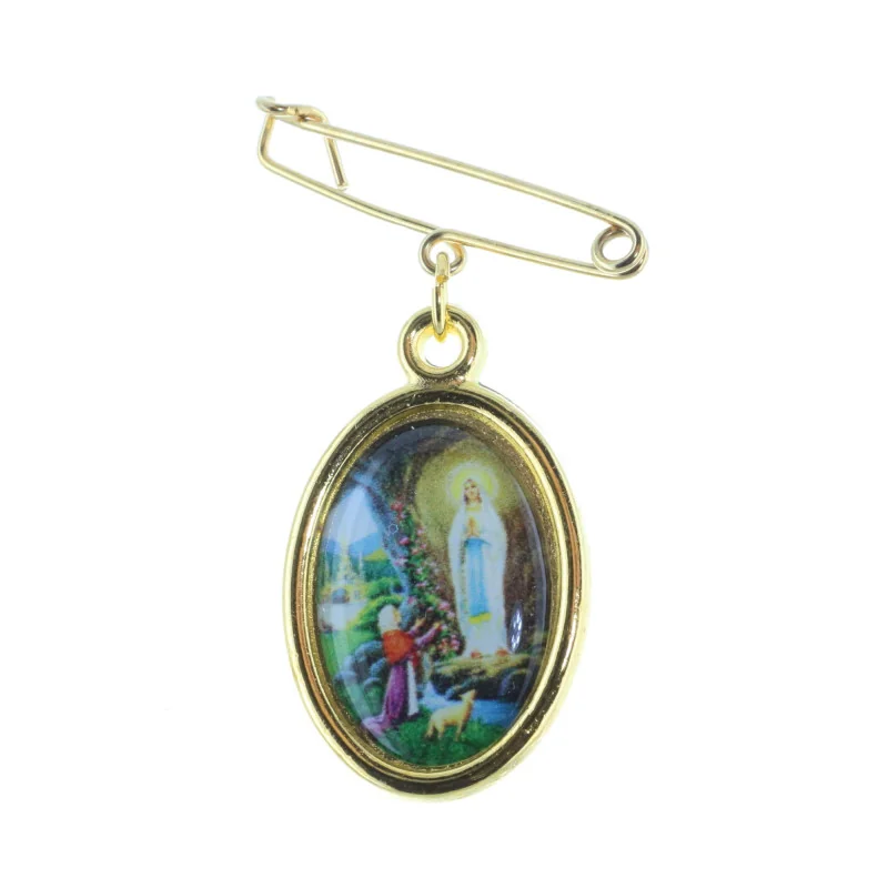 Broche Apparition de Lourdes et Vierge Miraculeuse en métal doré