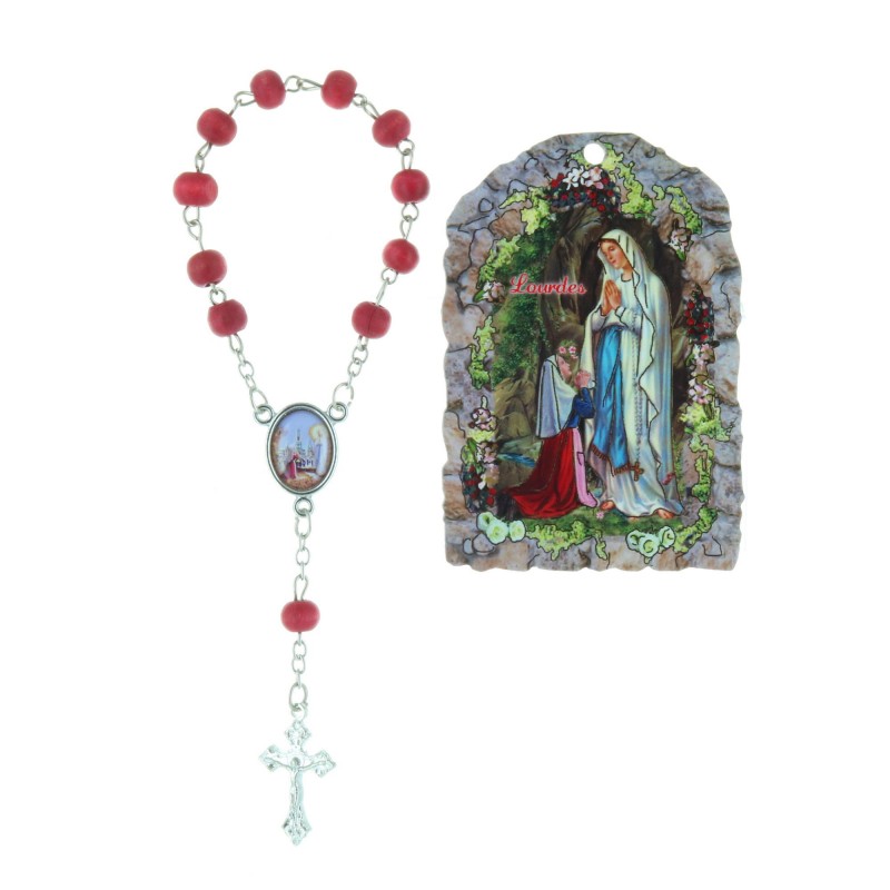 Quadro religioso di legno Apparizione di Lourdes e rosario decina profumo di rosa 5 x 7 cm