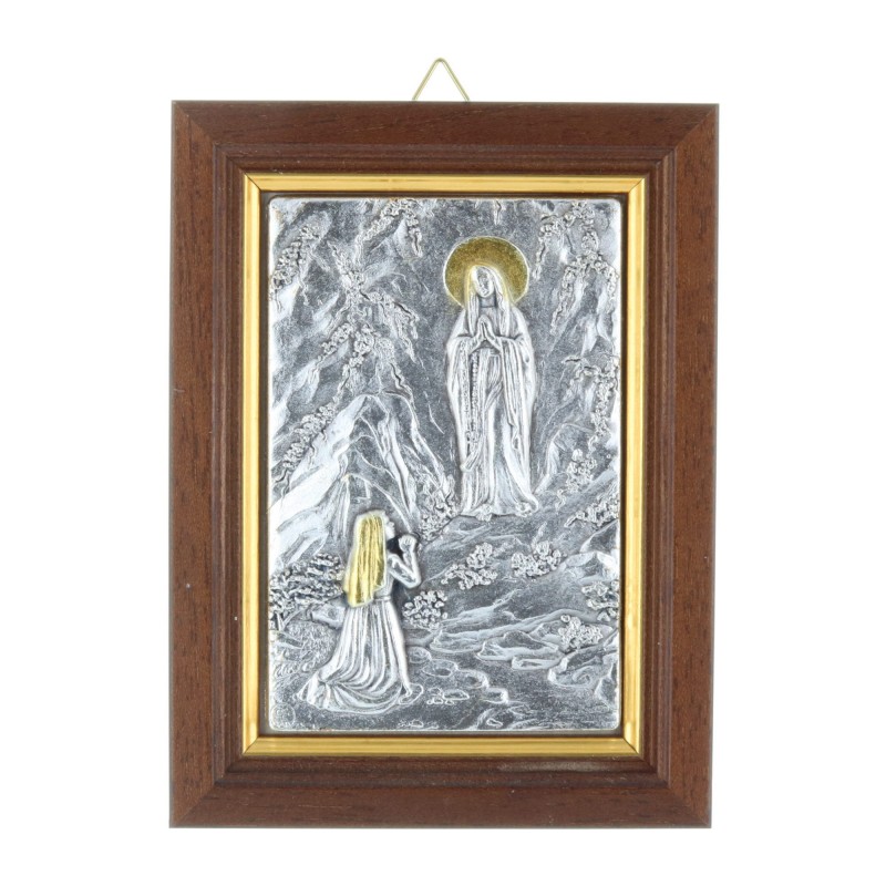 Cadre religieux en bois Apparition de Lourdes argentée 9 x 12 cm