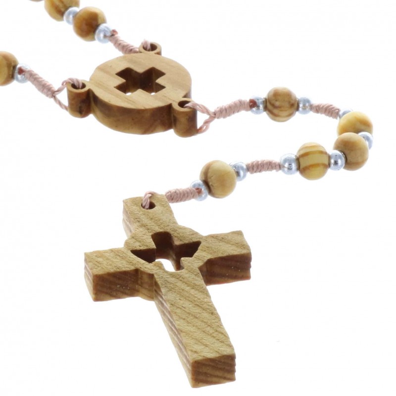 Rosario corda, perline legno, crociera e croce aperta