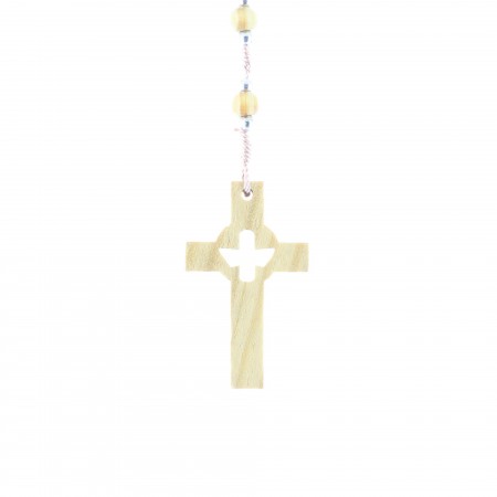 Cord rosary, wood beads, open centerpiece and cross