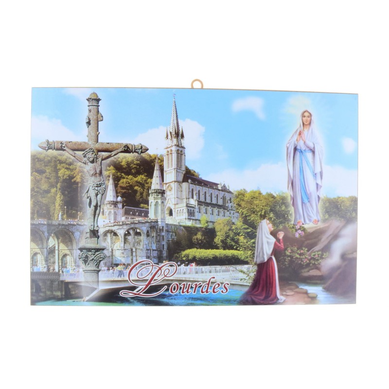 Apparition and Basilica of Lourdes religious wood frame 29 cm x 19 cm