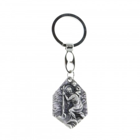 Hexagonal key-ring, Lourdes Apparition and Saint Christopher