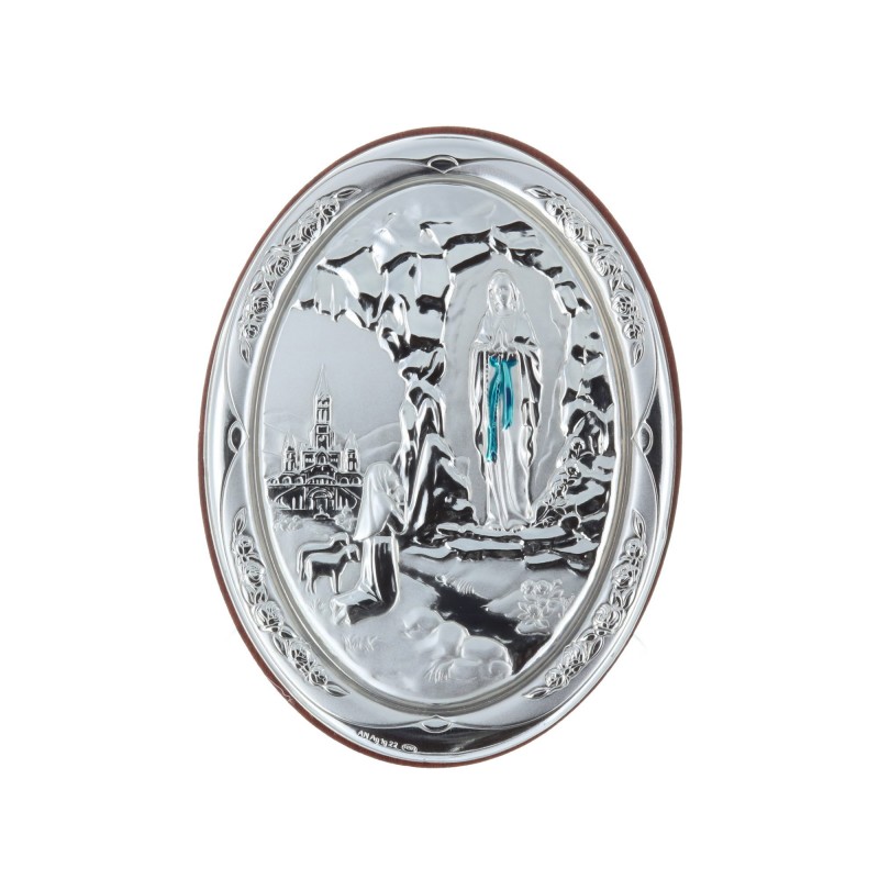 Lourdes Apparition oval silvery religious wood frame 7 x 10 cm