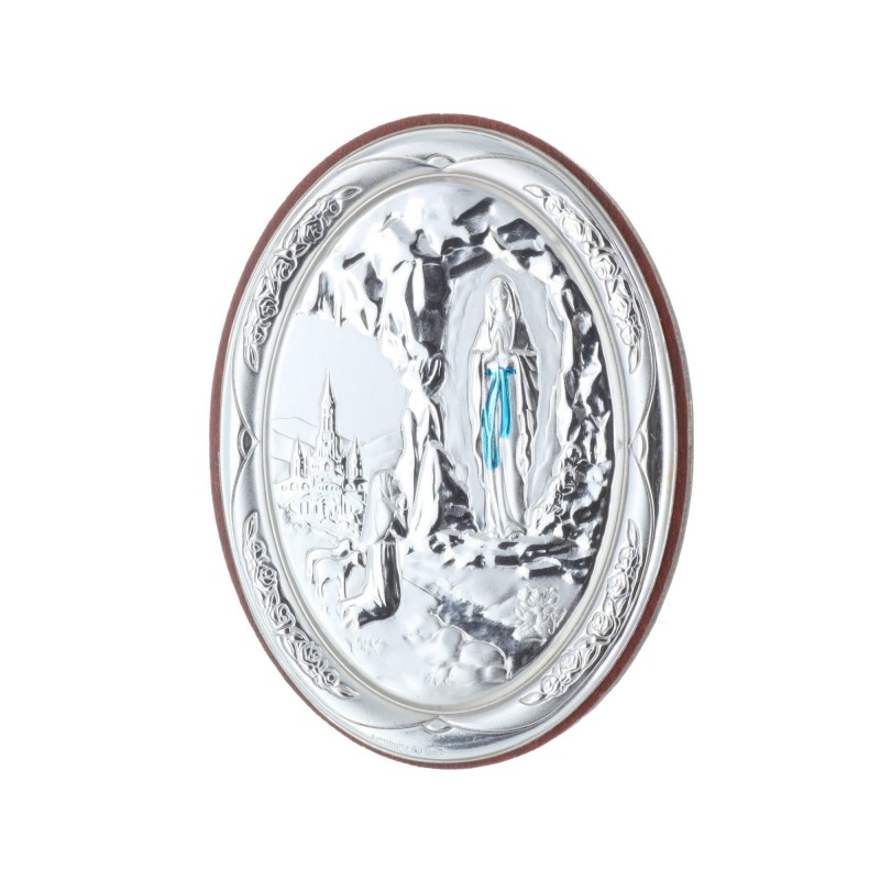 Lourdes Apparition oval silvery religious wood frame 5.5 x 7.5 cm