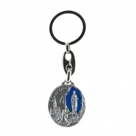 Porte-clés rond fond bleu, Apparition de Lourdes et Saint Christophe
