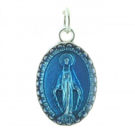 Médaille métal argenté émaillé bleu double face Vierge Miraculeuse