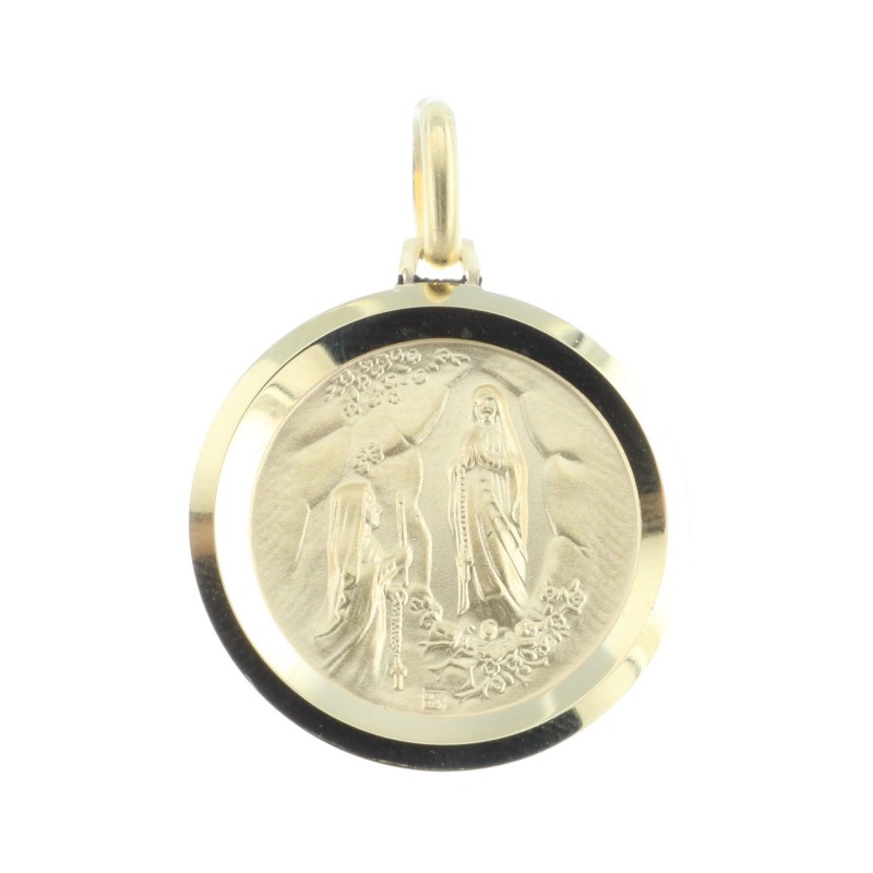 Round-shaped 18-carat gold-plated medal, Our Lady Portrait and Lourdes Apparition