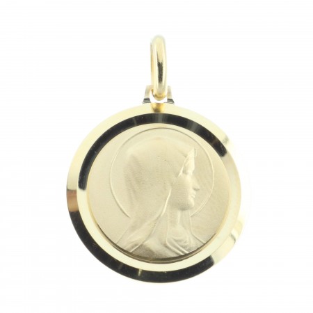 Round-shaped 18-carat gold-plated medal, Our Lady Portrait and Lourdes Apparition
