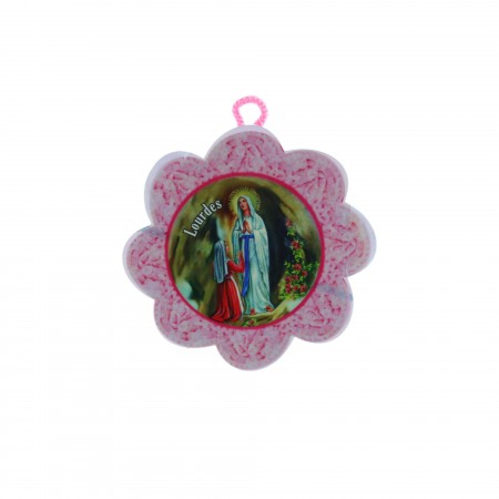 Cradle cross medallion and Lourdes Apparition flower 11 x 17 cm