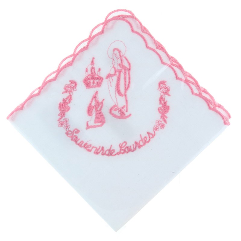 Fazzoletto cotone ricamato con l'Apparizione di Lourdes e souvenir di Lourdes