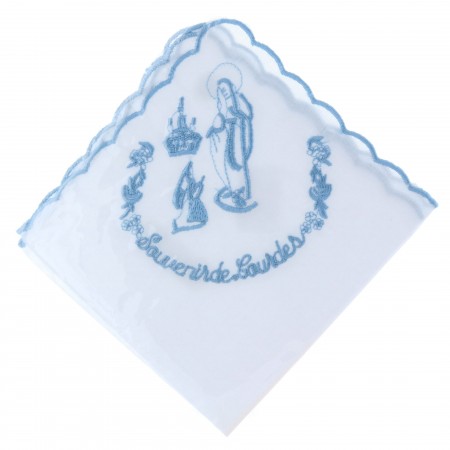 Mouchoir tissu brodé de l'Apparition de Lourdes et souvenir de Lourdes