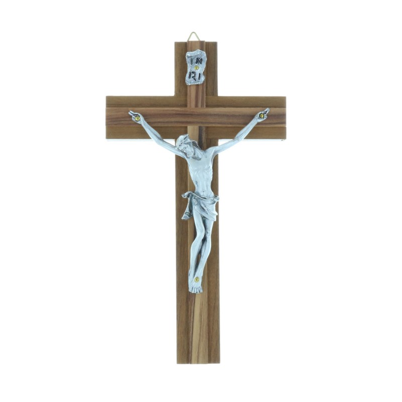 Crucifix bois superposé et Christ argenté 16,5 cm