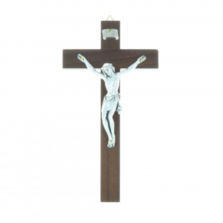 Crucifix bois foncé et Christ argenté 16 cm