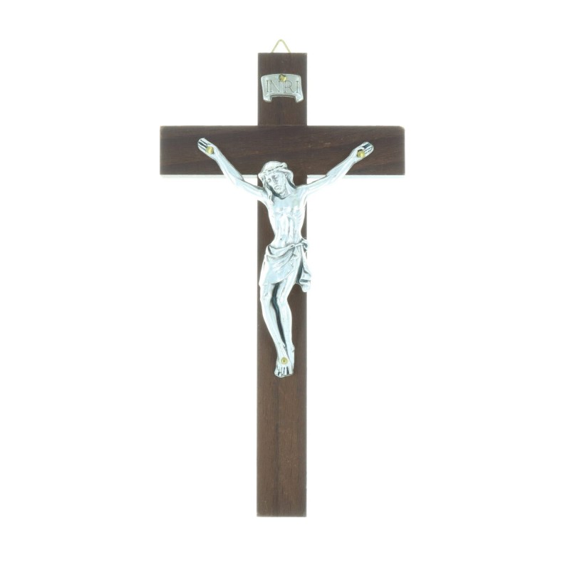Crucifix bois foncé et Christ argenté 16 cm