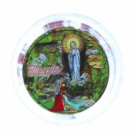 Rosario profumato di rosa e scatola con l'immagine dell'Apparizione di Lourdes