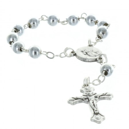One-decade rosary silvery beads centerpiece Lourdes Apparition