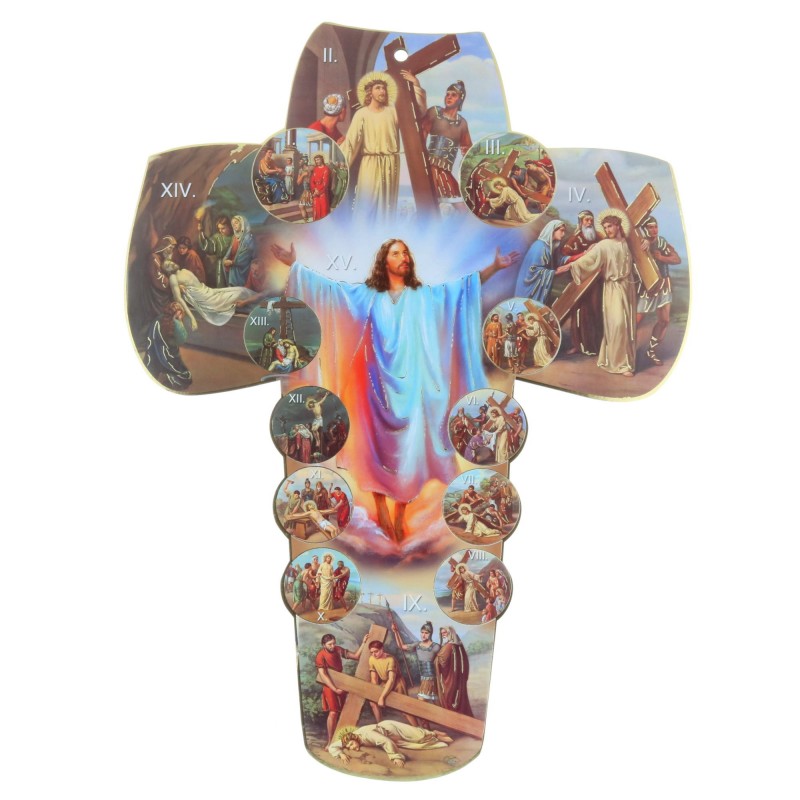 Wood cross with the 14 stations of the Way of the Cross 30 cm