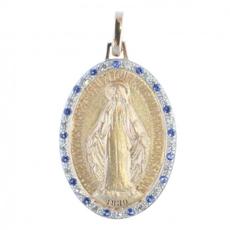 Miraculous Medal Gold-Plated , glitter edge and blue gems
