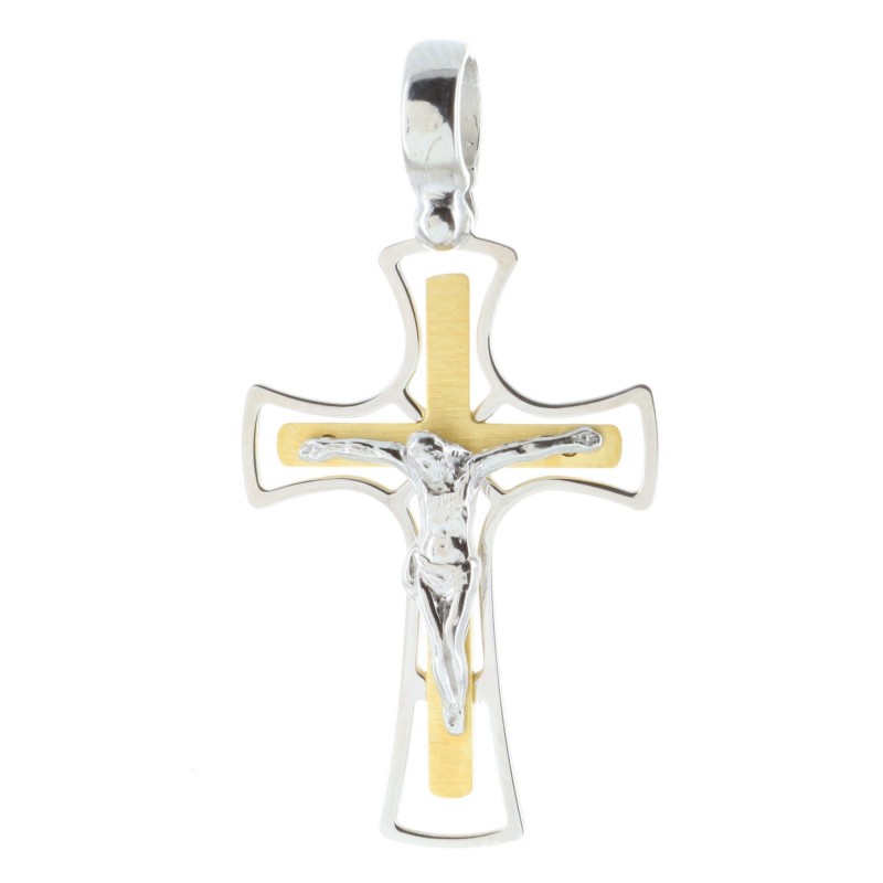 Silver cross pendant with Christ and golden details