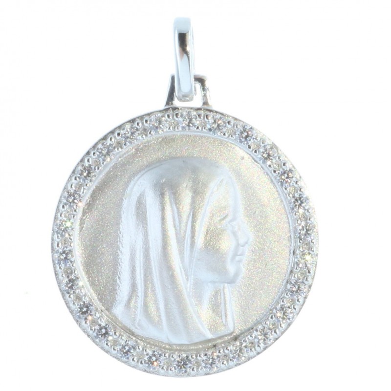 Médaille Argent ronde portrait de la Vierge Marie et contour strass