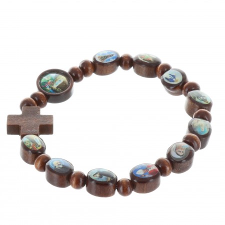 Religious Bracelet Saints pictures on varnished wood beads, mounted on elastic