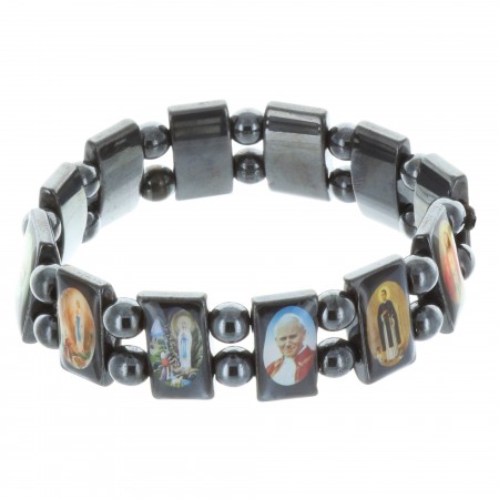 Religious Bracelet colour pictures of Saints on square hematite beads mounted on elastic