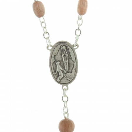 Chapelet de Lourdes en bois de rose, chaîne plaqué Argent et coeur Apparition