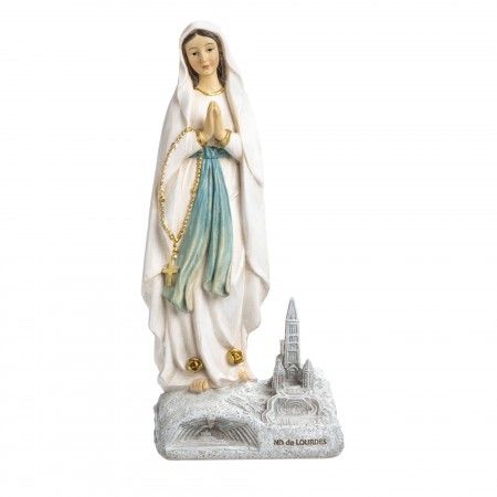 Statue Vierge Marie et Basilique de Lourdes en résine 14 cm