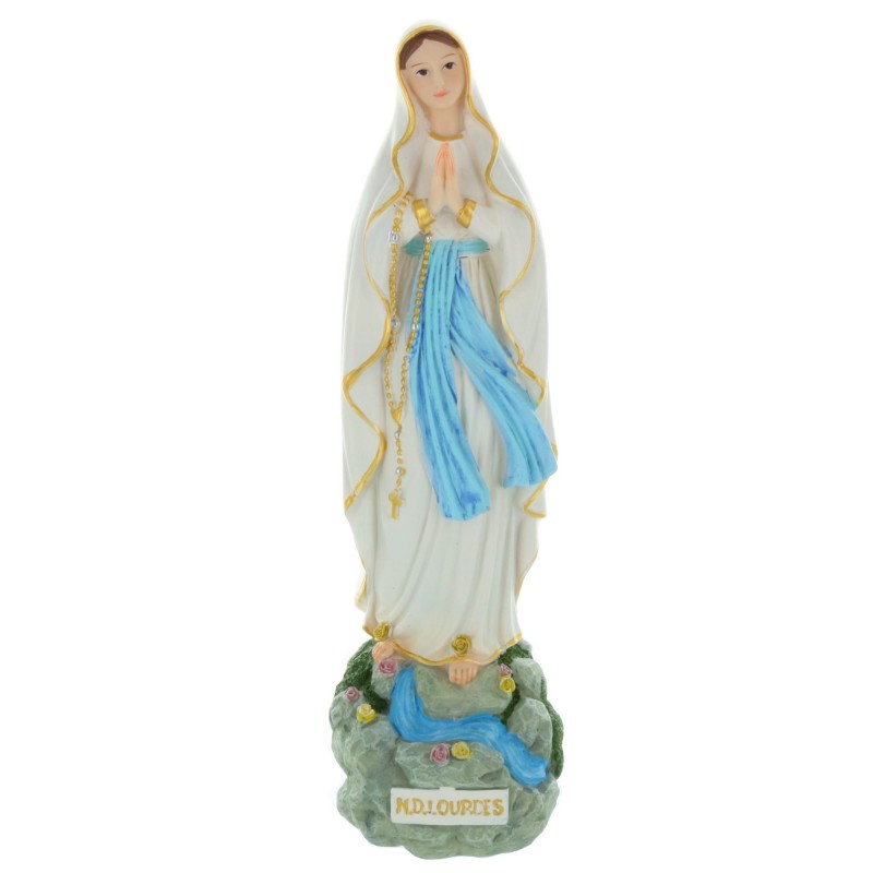 Statue Vierge Marie en résine décorée sur un rocher 25 cm