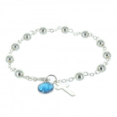 Silver rosary bracelet with a cross and a blue enamelled medallion of Our Lady