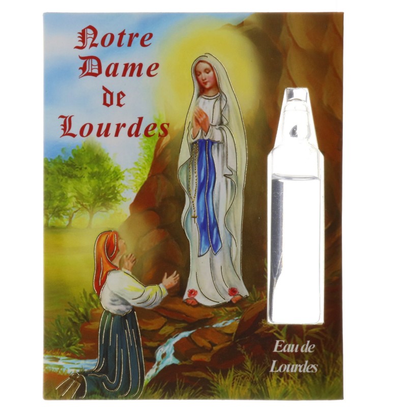 Image de Lourdes avec une prière et une fiole de l'eau de Lourdes