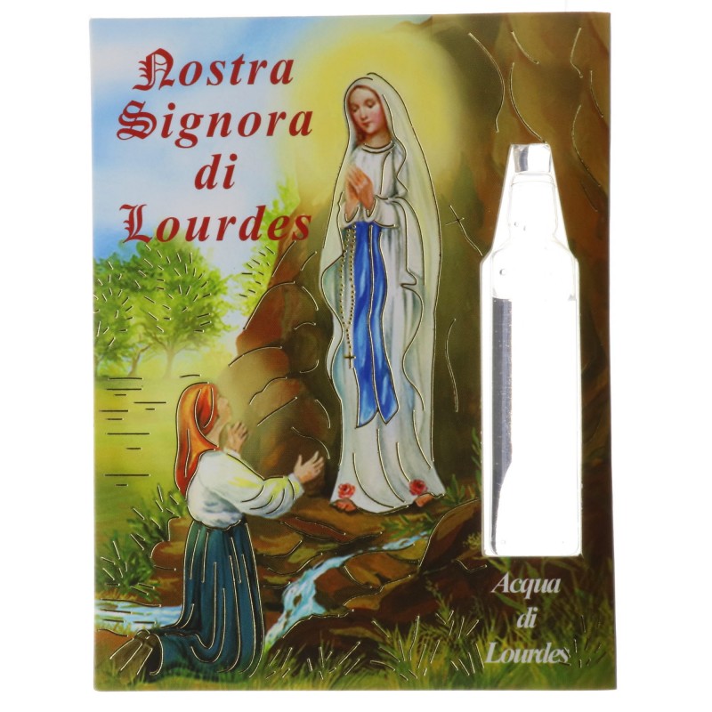 Image de Lourdes avec une prière et une fiole de l'eau de Lourdes