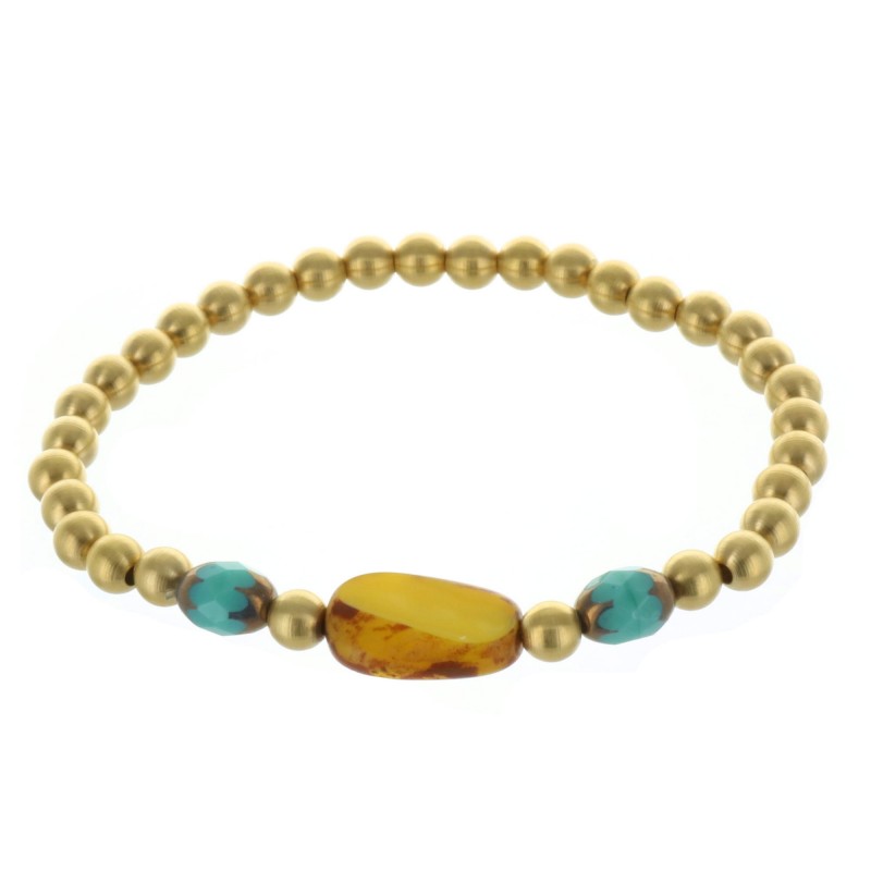 Bracelet fantaisie, perles dorées et pierres véritables