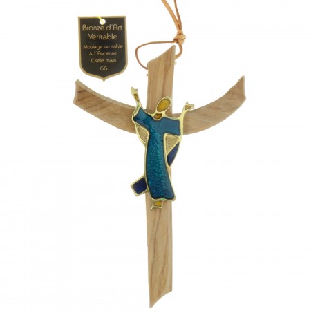 Crucifix Christ glorieux en Bronze et bois d'olivier 16 cm
