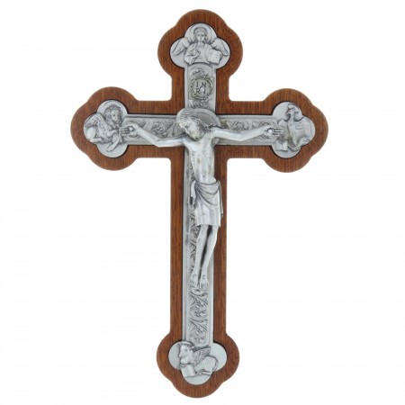 Trilobed mahogany crucifix and the 4 Evangelists silver plated 25 cm