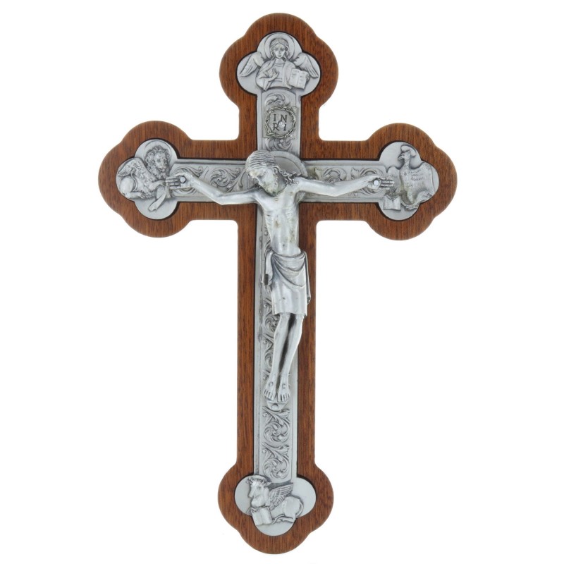 Crucifix bois acajou trilobé et les 4 Évangélistes argentés 25 cm